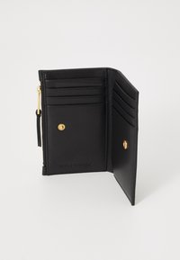 Black leather wallet with multiple card slots, zip compartment, and gold-tone hardware. Features a snap closure and embossed logo.
