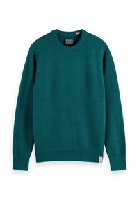 Teal crewneck sweater lavet af blødt stof. Har ribbede manchetter og kant, med et lille mærke på den nederste venstre side.