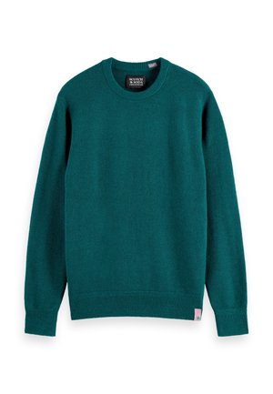Teal crewneck sweater made of soft fabric. Features ribbed cuffs and hem, with a small branded tag on the lower left side.