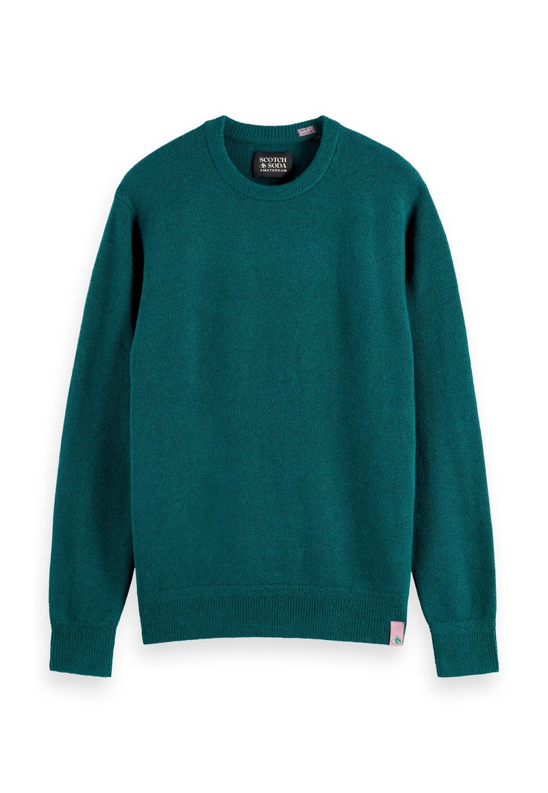Teal crewneck sweater lavet af blødt stof. Har ribbede manchetter og kant, med et lille mærke på den nederste venstre side.