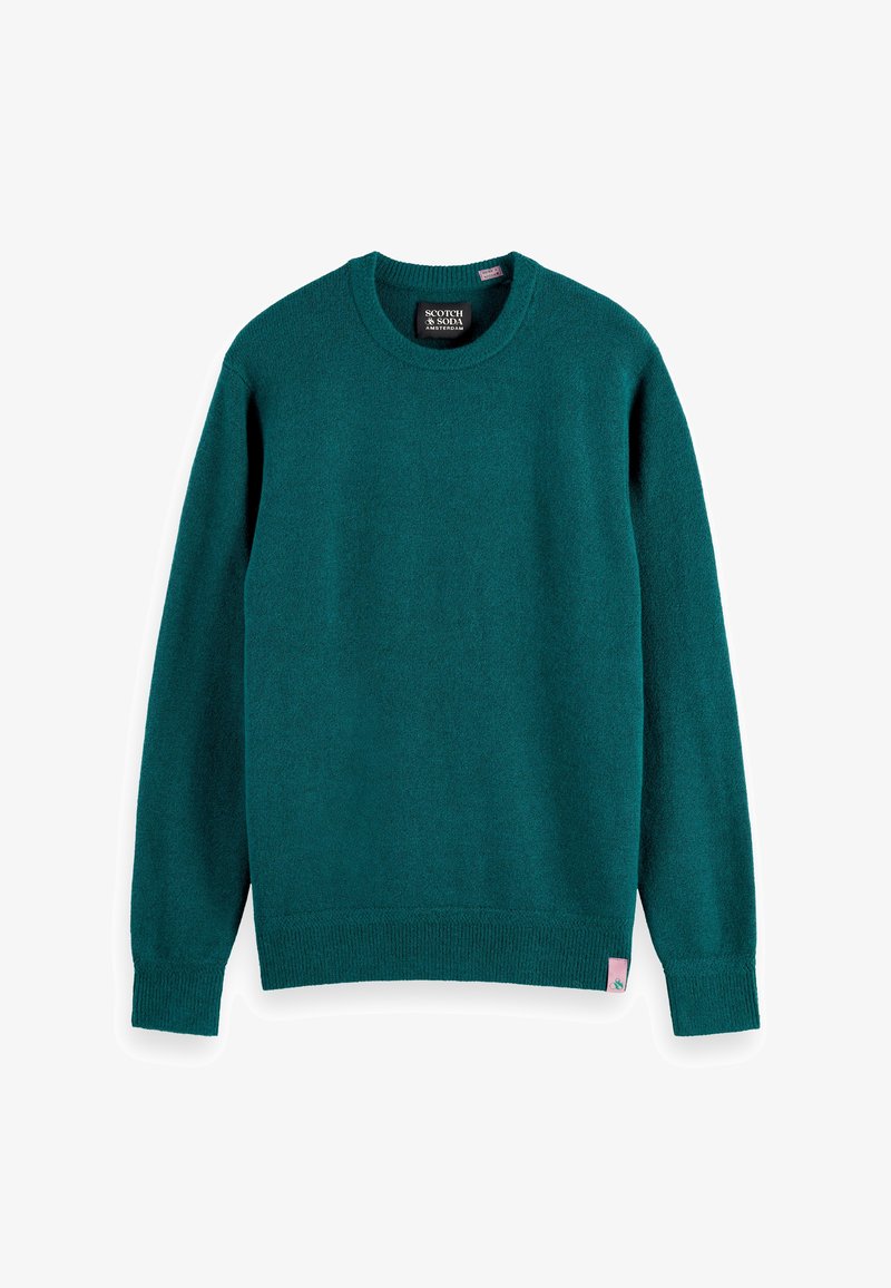 Türkisfarbener Rundhalsausschnitt-Pullover aus weichem Stoff. Mit Rippbündchen an den Ärmelenden und am Saum, sowie einem kleinen Markenetikett auf der unteren linken Seite.