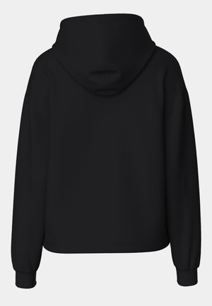 Musta hupullinen collegepaita rentolla istuvuudella, resorilla varustetut hihansuut ja helma. Sileä kangaspinta, hupussa vuoraus, ei näkyviä logoja tai kuvioita.