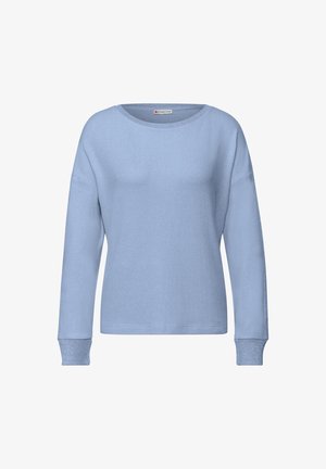 Maglione a maniche lunghe color azzurro chiaro con scollo rotondo, polsini a costine e una texture morbida. Presenta una vestibilità comoda e dettagli di design minimalisti.
