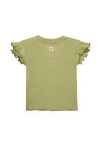 Lichtgroene ribgebreide t-shirt met korte, ruches mouwen en een ronde halslijn. Heeft een klein label dicht bij de kraag.