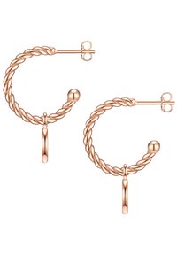 A rózsaarany karika fülbevalók csavart dizájnnal rendelkeznek, kerek golyóval és lógó rúddal az alján. Könnyű fémből készült.