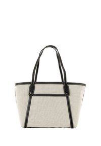 Sac en toile beige clair avec des accents en cuir noir, doté de deux poignées et de détails de couture, forme structurée avec des poches latérales.