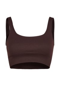 Smeđa rebrasta kratka majica s kvadratnim izrezom i širokim trakama, s prilagođenim krojem, glatkom teksturom i bez dodatnih ukrasa.