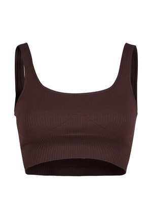 Pruun ribaga kätised crop top, millel on ruudukujuline kaelus ja laiad rihmad, omamoodi istuv disain, sile tekstuur ja ilma lisakaunistusteta.