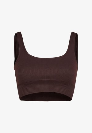 Brown ribbed crop top with a square neckline and wide straps, featuring a fitted design, smooth texture, and no additional embellishments.