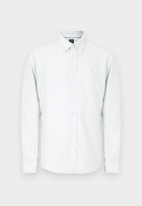 Camisa de botones con rayas azul claro y blanco, material de algodón, mangas largas, cuello abotonado, pequeño logo bordado en el pecho.