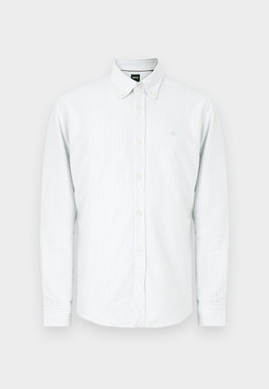 Lichtblauw-wit gestreept overhemd met knopen, van katoen, met lange mouwen, een button-down kraag en een klein geborduurd logo op de borst.