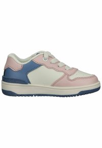 Sneakers in pelle rosa, bianca e blu. Presentano una punta rotonda, chiusura con lacci e suola in gomma testurizzata. Collo imbottito per il comfort.