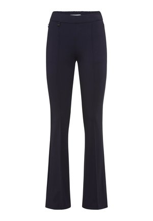 Marineblauwe flared broek gemaakt van rekbaar materiaal, met een gladde tailleband, zijzakken en subtiele stiksels.