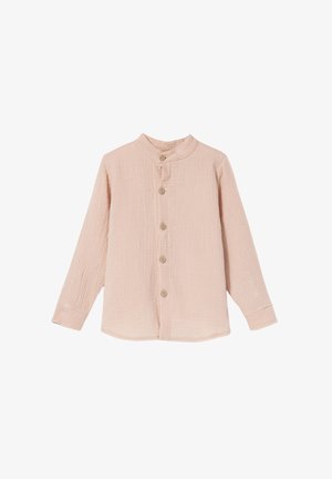 Jasnoróżowa koszula na guziki z kołnierzem typu stójka, wykonana z teksturowanej tkaniny. Posiada pięć guzików i długie rękawy.