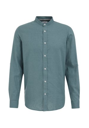 Chemise bleu canard à col mandarin, à manches longues, en tissu léger. Dispose de six boutons gris sur le devant.