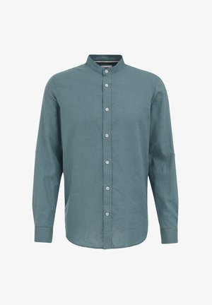 Türkise nupuvärgiga särk mandariini kraega, pikkade varrukatega ja kerge materjaliga. Ees on kuus halli nööpi.