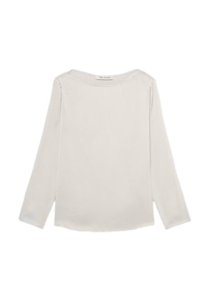 Blusa a maniche lunghe grigio chiaro con scollatura a barca, texture liscia e vestibilità ampia. Nessun motivo o decorazione visibile.