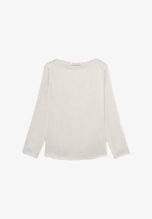 Blusa a maniche lunghe grigio chiaro con scollatura a barca, texture liscia e vestibilità ampia. Nessun motivo o decorazione visibile.