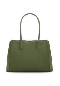 Grüne Leder-Tote-Tasche mit strukturiertem Finish, zwei gebogenen Griffen und einer klaren Form. Sie verfügt über ein dezentes V-förmiges Detail an der Oberseite.