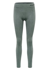 Seamless gray athletic leggings with elastic waistband and subtle hummel logo on the upper right side.