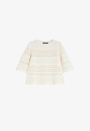 Maglione bianco lavorato a maglia con scollatura ampia, maniche a campana e sezioni traforate decorate. Tessuto testurizzato con motivi di maglia variabili.