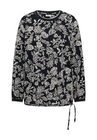 Haut noir à manches longues avec motif floral et feuilles blanches, encolure ronde, et lien latéral ajustable à l'ourlet.