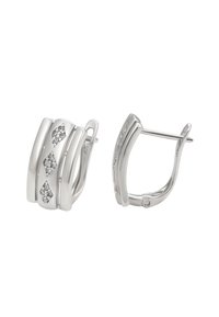 Sudraba riņķi auskari ar pulētu apdari, kuros ir dimanta formas akcenti, rotāti ar maziem caurspīdīgiem akmeņiem un drošu sprādzi.