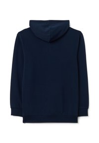 Felpa blu navy con una texture morbida, dotata di cappuccio con cordino e polsini e orlo a costine. Design semplice, senza motivi o accenti visibili.