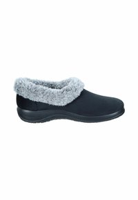 Black slip-on shoe with a soft grey faux fur collar. Features a smooth upper material and a textured rubber sole for grip.