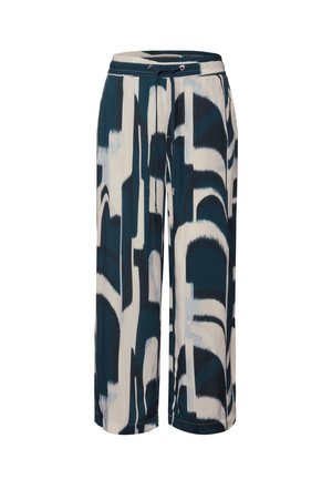 Pantalons larges en tissu léger. Caractérisés par un motif abstrait bleu et crème, une taille élastique avec cordon de serrage et des fentes latérales.