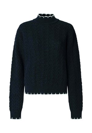Maglione lavorato a maglia in blu navy scuro con collo a lupetto a costine. Presenta un motivo a foglia testurizzato e un bordo ondulato all'orlo e ai polsini.