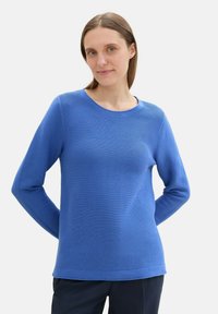 Modra dolga sleeve pulover z teksturiranim, rebrastim dizajnom in okroglo ovratnikom. Tkanina se zdi mehka in ima gladko površino.