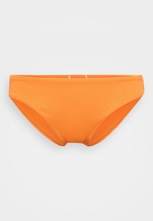 Orange bikini bottom with ribbed texture. Features a low-rise design, smooth edges, and contrasting white logo detail on the front.
