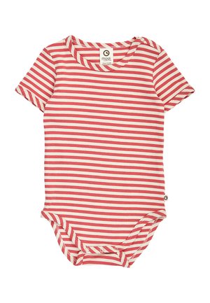 Kortærmet babybody med røde og hvide vandrette striber, med trykknapper ved nakke og skridt samt mærke ved kraven.