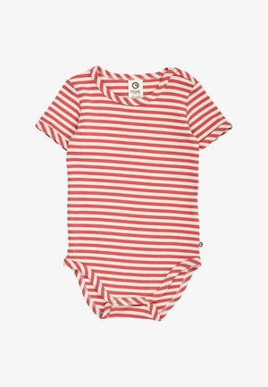 Body per neonato a maniche corte con righe orizzontali rosse e bianche, bottoni a pressione al collo e all'incavo, etichetta sul colletto.