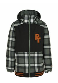 Veste à carreaux avec un torse noir et un motif à carreaux gris. Présente une capuche, une fermeture éclair à l'avant et un logo brodé orange. Poignets et taille élastiques.