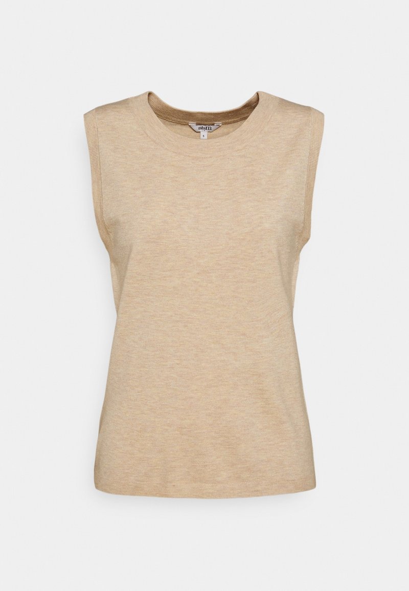 Pull sans manches beige en maille avec col rond, coupe ajustée et bord-côte aux emmanchures et à l'ourlet, taille petite.