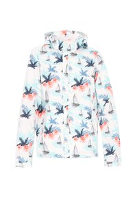 Lettr jacket med hætte i hvid med et tropisk print; prydet med pink blomster, palmeblade og sejlskibe. Glat tekstur, afslappet pasform.
