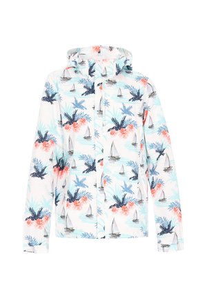 Lettr jacket med hætte i hvid med et tropisk print; prydet med pink blomster, palmeblade og sejlskibe. Glat tekstur, afslappet pasform.