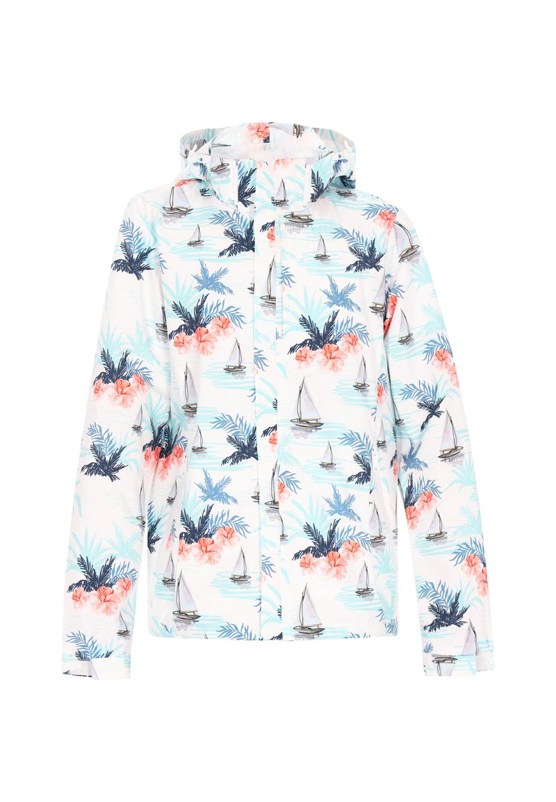 Lettr jacket med hætte i hvid med et tropisk print; prydet med pink blomster, palmeblade og sejlskibe. Glat tekstur, afslappet pasform.