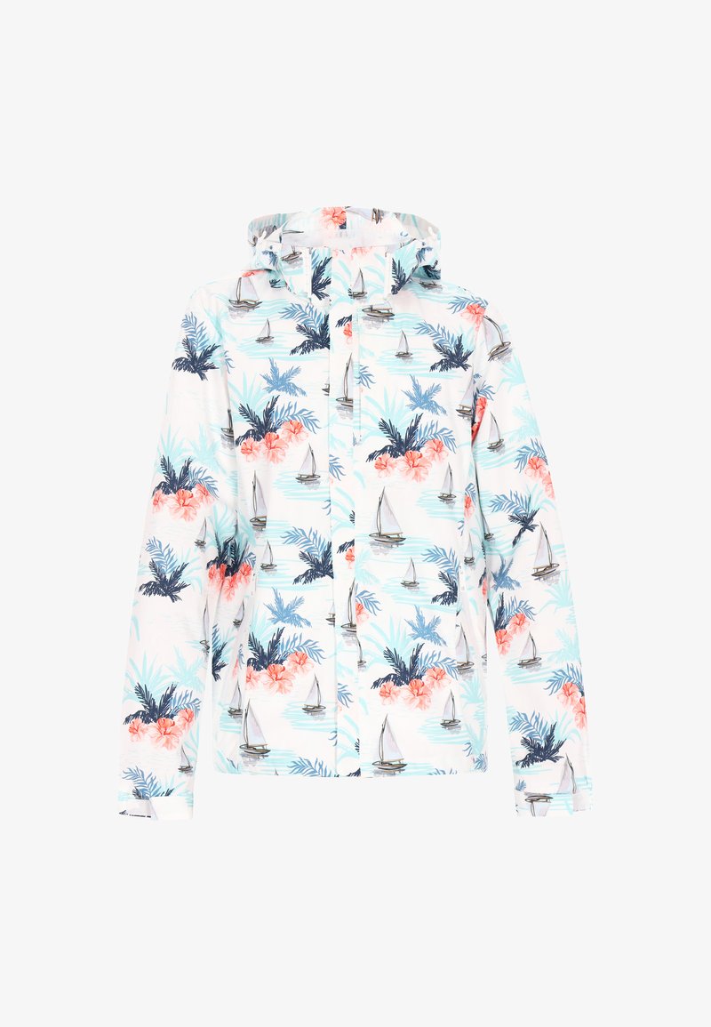 Lättviktsjacka med huva i vitt med tropiskt mönster; har rosa blommor, palmblad och segelbåtar. Slät textur, avslappnad passform.