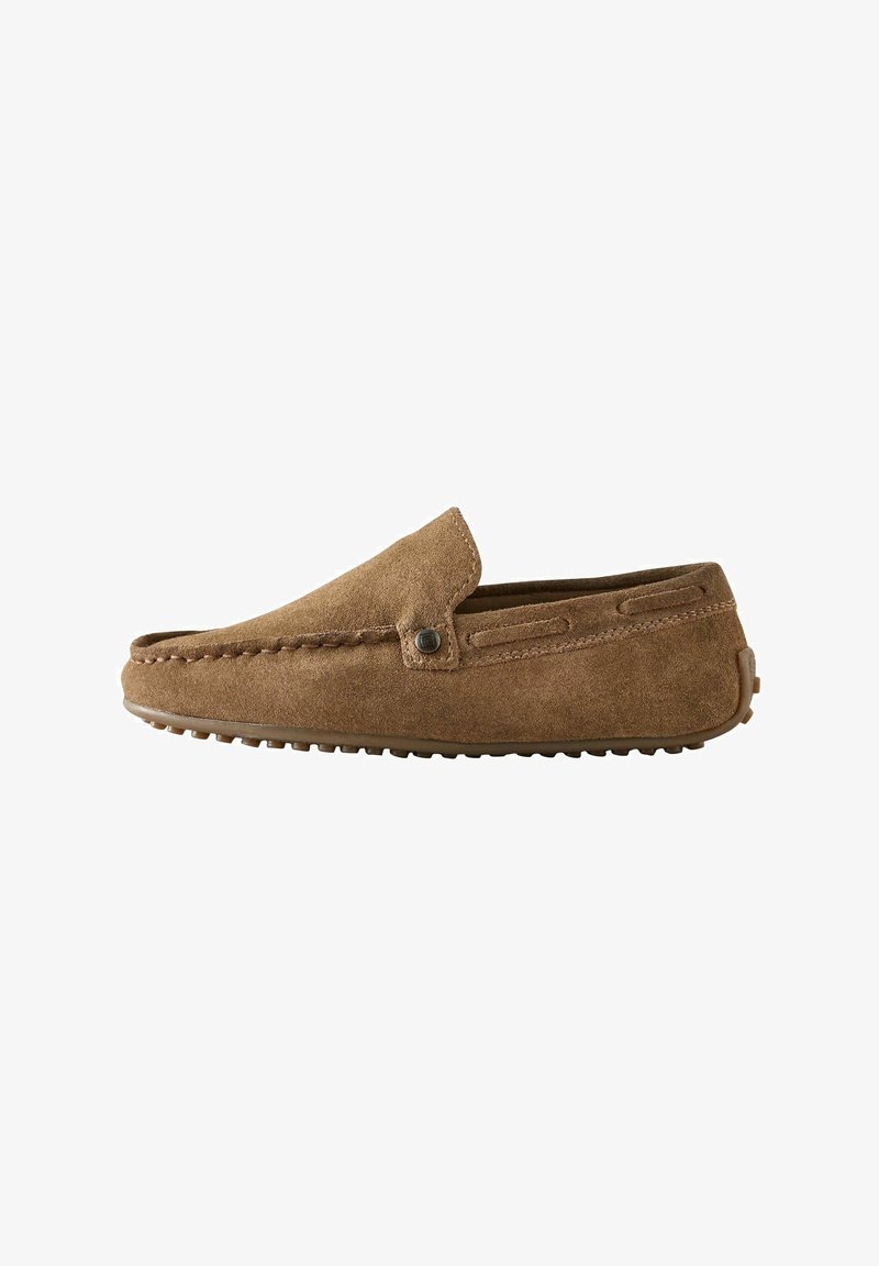 Brown suede driving loafer with rubber sole and moccasin stitching, side detail tab, and slip-on design.