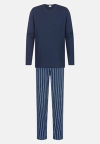 Haut à manches longues bleu marine avec une poche et un pantalon de pyjama à rayures bleues. Fabriqué en tissu doux, il présente des rayures verticales de bleu clair sur un fond bleu marine.