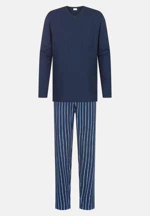 Marineblaues Langarmshirt mit einer Tasche und blauen gestreiften Schlafanzugshosen. Hergestellt aus weichem Stoff, der vertikale Streifen in Hellblau auf navy Hintergrund zeigt.