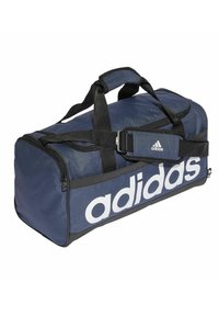 Borsa da viaggio blu navy con dettagli neri, caratterizzata da un logo bianco ben visibile, doppie maniglie e una tracolla regolabile. Chiusura con zip sulla parte superiore.