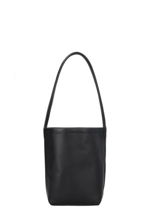 Black leather bucket bag with a single long shoulder strap, smooth texture, and minimalist design on a white background.