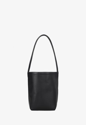 Black leather bucket bag with a single long shoulder strap, smooth texture, and minimalist design on a white background.