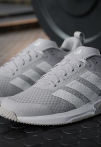 Chaussures de sport Adidas gris clair avec dessus en mesh et trois bandes blanches, placées sur un sol en caoutchouc dans une salle de sport près des poids.
