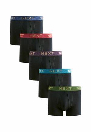Öt fekete boxeralsó rugalmas derékpánttal kék, piros, lila, türkiz és zöld színben, mindegyik arany betűkkel hirdeti a "NEXT" márkát.
