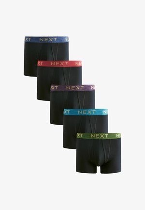 Cinci boxeri negri cu talie elastică în culorile albastru, roșu, mov, teal și verde, fiecare marcați cu inscripția „NEXT” în litere aurii.